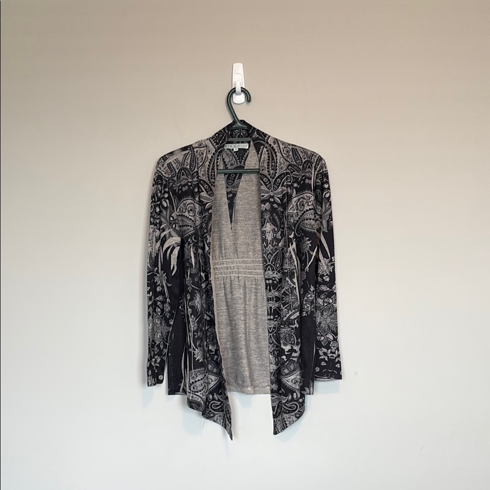 Cleo Petites open cardigan with black and tan pattern. Ladies size LP